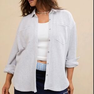 AERIE Anytime Fave Light Gray Thermal Waffle Knit Button Front Shacket Women's L